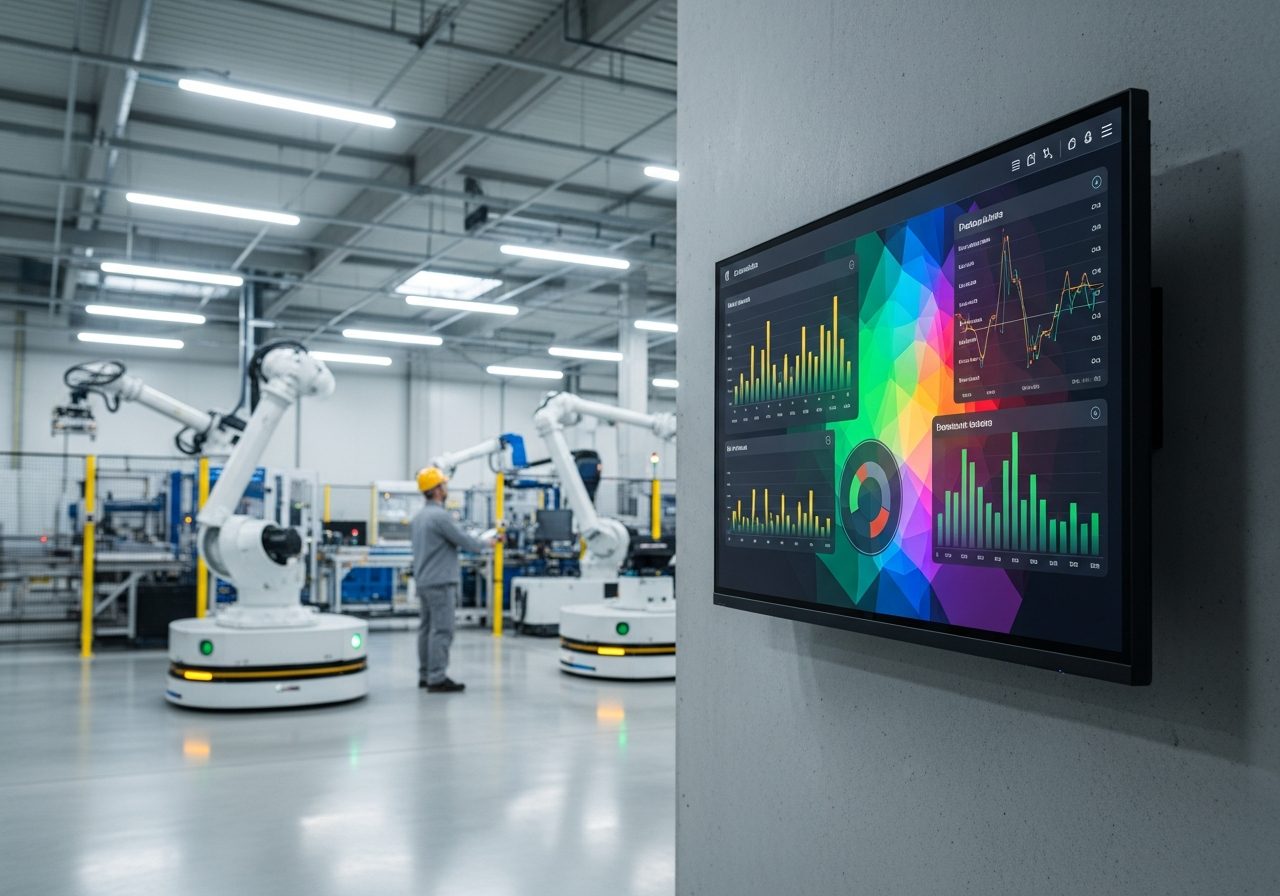 Fabrika üretim sahasında duvara monte andon ve OEE üretim panosu ekranı