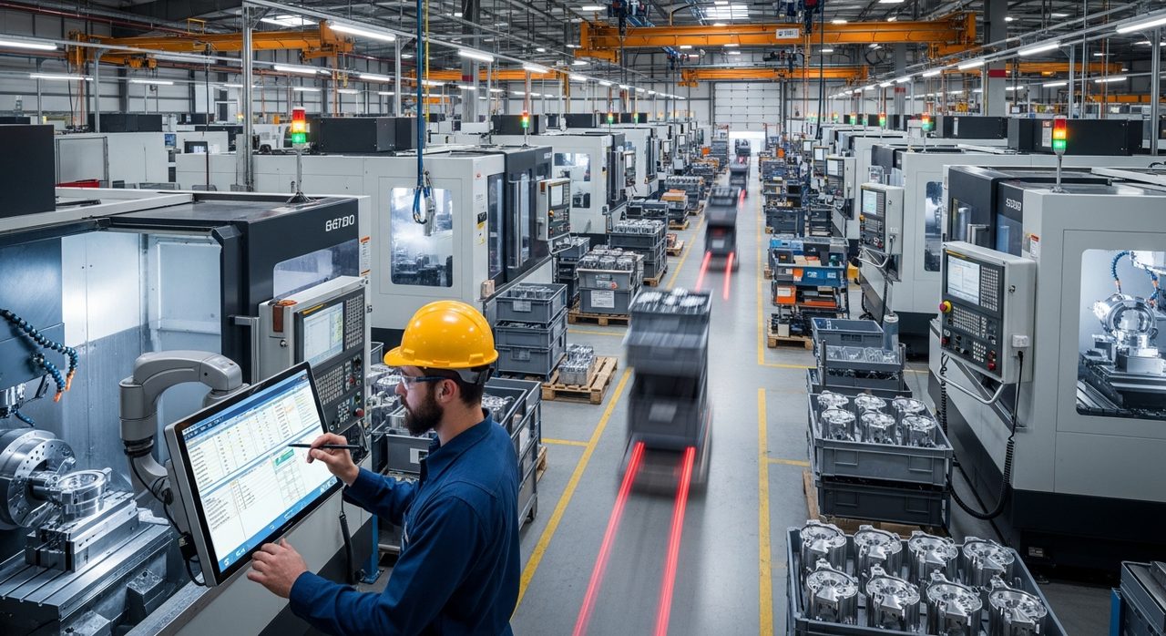 Modern fabrika üretim sahasında operatör üretim panosunu izliyor, arkada CNC tezgah hattı